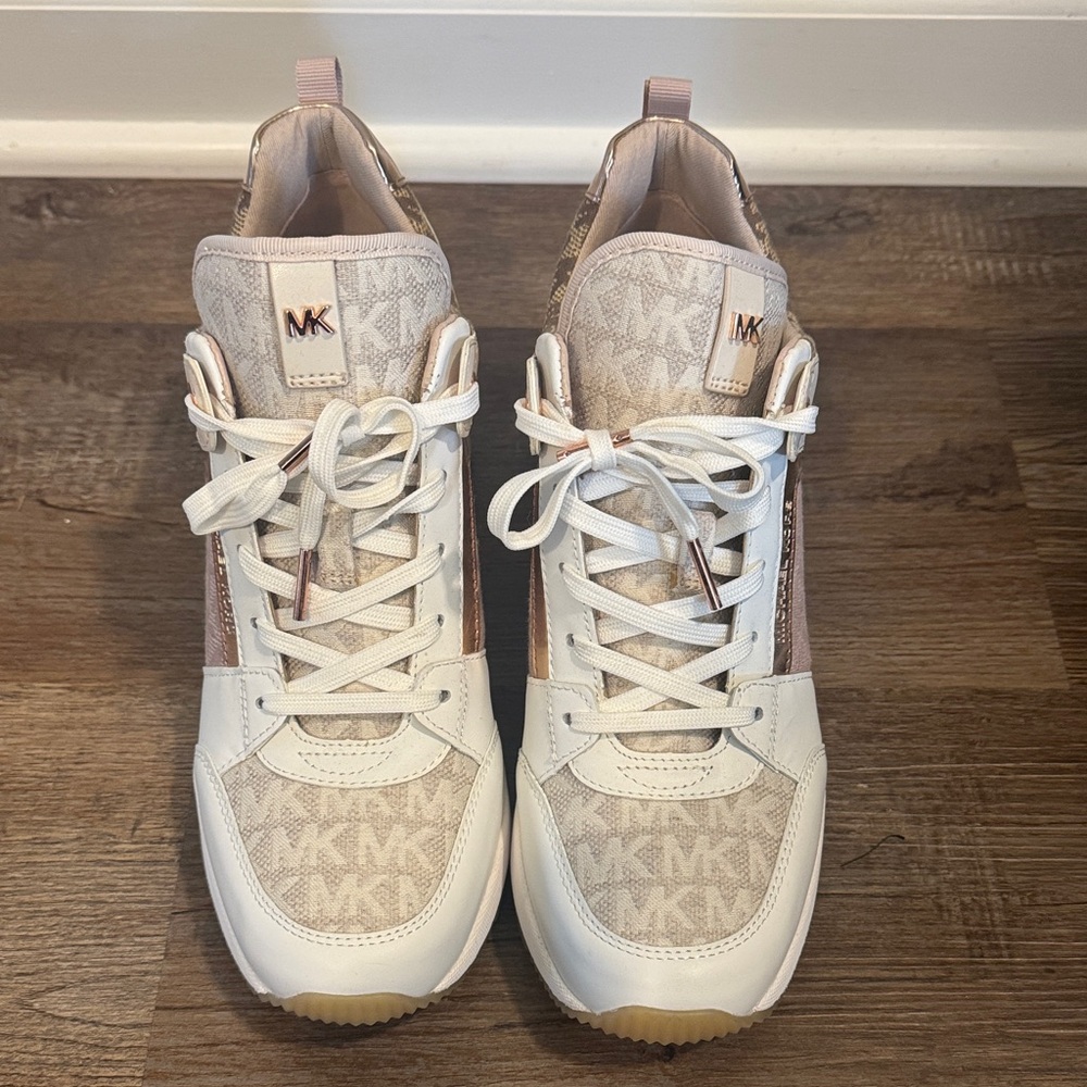 Michael Kors White and Blush Wedge Sneakers - Picture 2 of 6